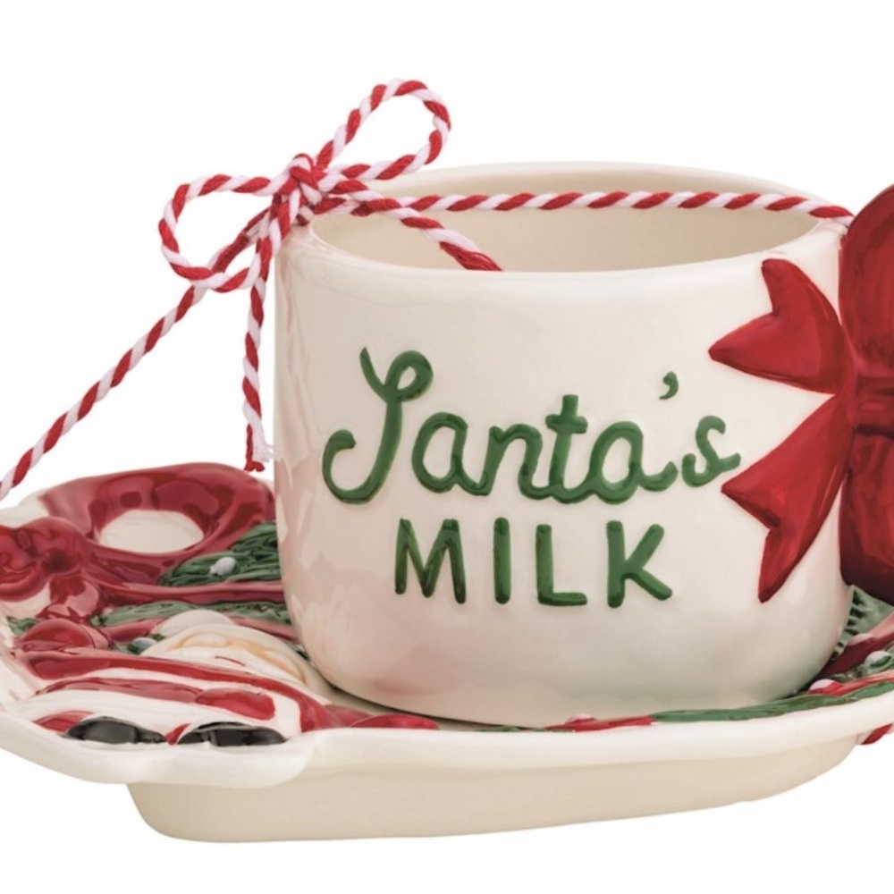 Mud Pie White Ceramic Santa's Milk Cup and Festive Red Bow